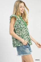 Umgee Womens Blouse Green Abstract Print Short Sleeve Top e8d7e378-db2b-4b88-8f50-7ed88c7a96f7-Max-Origin Trendsi