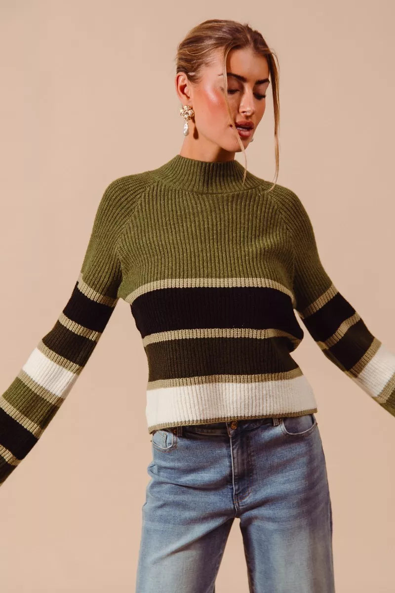 SO ME Women's Sweater Olive Striped Multi Color Mock Neck Pullover e8e5a52fe9cd4d82805616723ac9bd1c-Max-Origin Trendsi