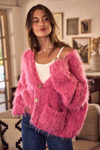 SO ME Womens Cardigan Pink Soft Touch Hairy Loose Fit Cozy Sweater e8e7e7b458bf4b84a00f4b0f93289c88-Max-Origin Trendsi
