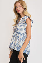 Umgee Babydoll Top Botanical Dusty Blue Floral Print Short Sleeve e8ed000d-c4d2-4058-b91d-daa45da639d5-Max Trendsi