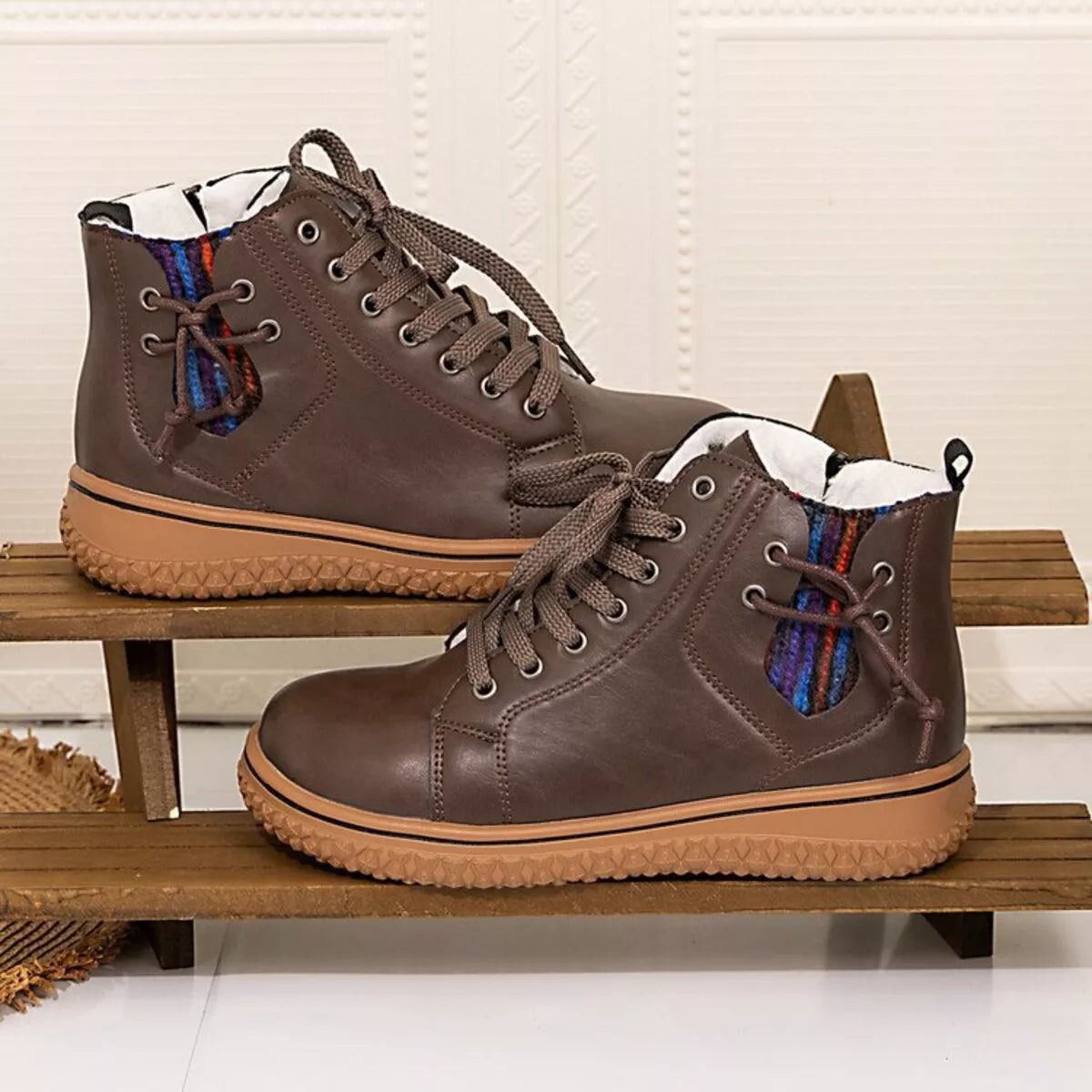 Women's Ankle Boots Pu Leather Round Toe Platform Low Heels Shoes Brown e8f25546e7794c8ca0adf2dba14acdbc-Max-Origin Trendsi