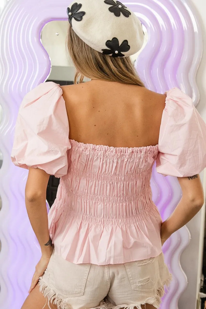 BiBi Peplum Top Puff Short Sleeve Square Neck Smocked Light Pink Blouse e8f4fa5949aa4f92bb4ae915dfa40123-Max-Origin Trendsi