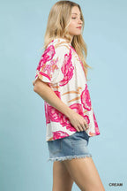 Umgee Womens Blouse Floral Cream Pink V-Neck Puff Short Sleeve Top e8fbe354-9be1-4971-b3a5-bcf9d0a3c5ec-Max-Origin Trendsi