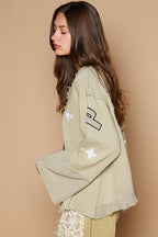 POL V-Neck Top Peace Round Patch Embroidered Exposed Seam Back Ruffle e8fcfb2c-6bd4-47e0-9cdf-9579c49d65ab-Max Trendsi