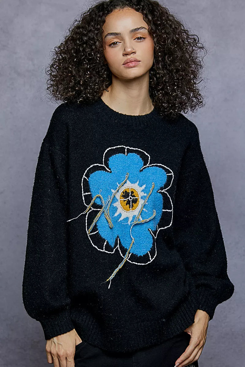 POL Black Sweater Floral Pattern Round Neck with Exposed Stitching Pullover e906d8ea-db77-4c0f-b287-12247a52922d-Max-Origin Trendsi