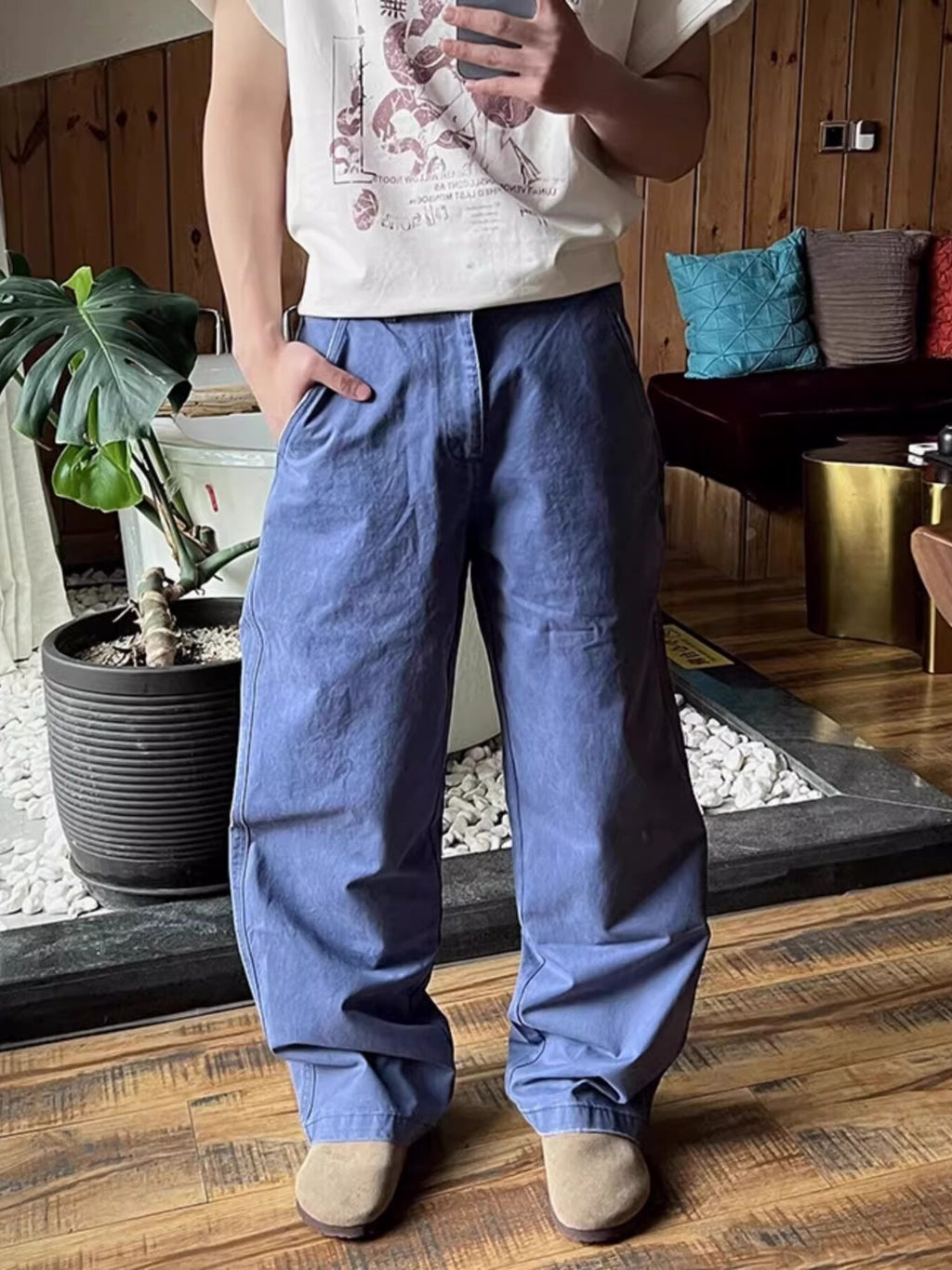 Men's Plus Size Wide Leg Full-Length Pants with Pockets