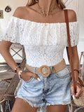Off Shoulder Blouse White Lace Ruffle Women's Slimming Top White e9103a0b6c16416399a544e0dd95f3b3-Max-Origin Trendsi