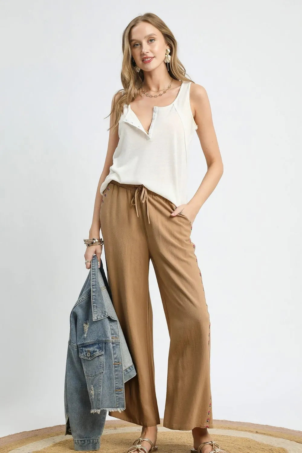 Umgee Wide Leg Pants Women's Linen Cotton Camel Drawstring Pocketed e9224d77-45af-4e23-b79f-b938608ca8b7-Max-Origin Trendsi