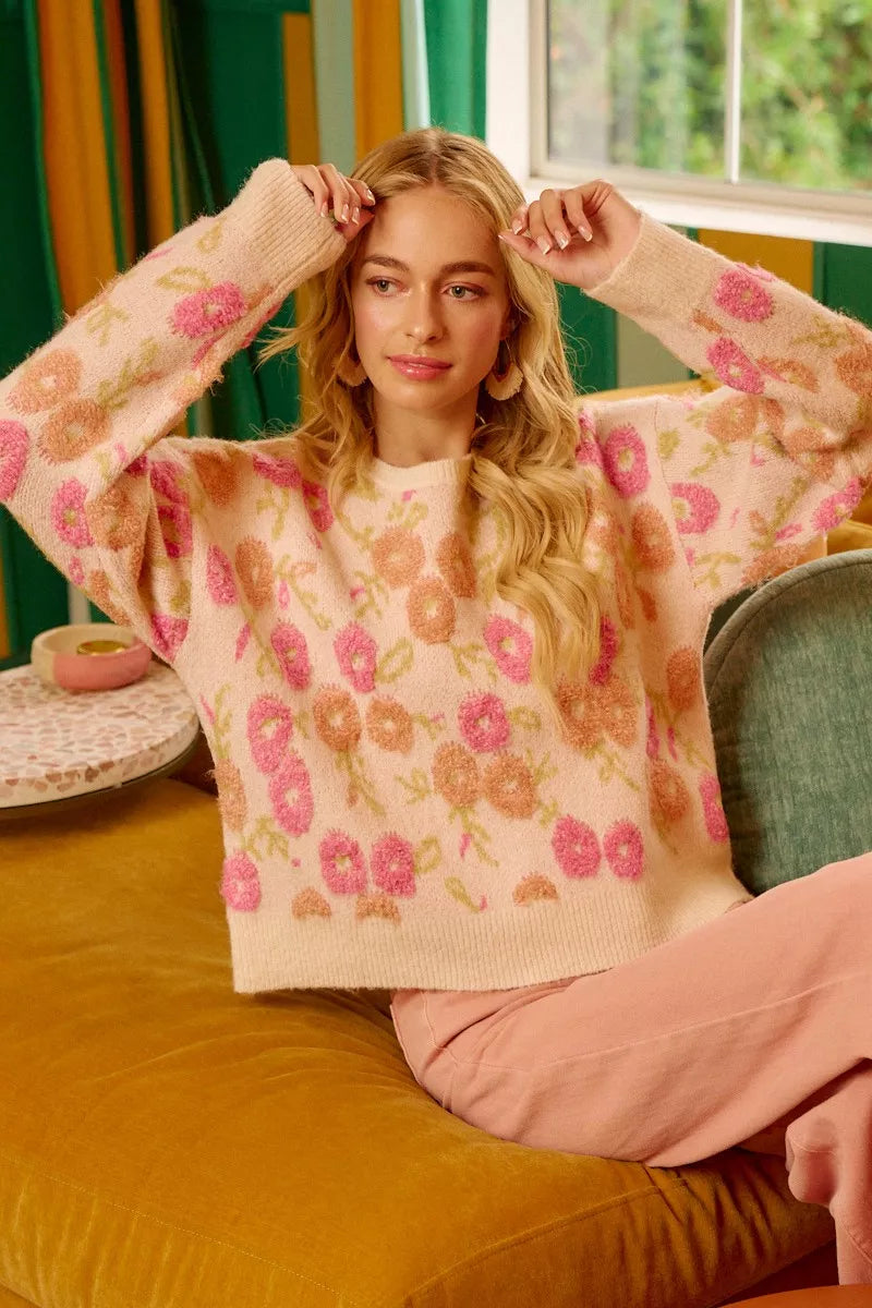 BiBi Womens Sweater Ivory Towel Texture Floral Pattern Knit Pullover e92757aa4e81406ca1f8c452344973b5-Max-Origin Trendsi