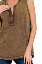 Zenana Tank Top Henley Washed Half-Button Raw Edge Sleeveless Blouse e930e246-ef41-4b25-b938-2350064d9228-Max-Origin Trendsi