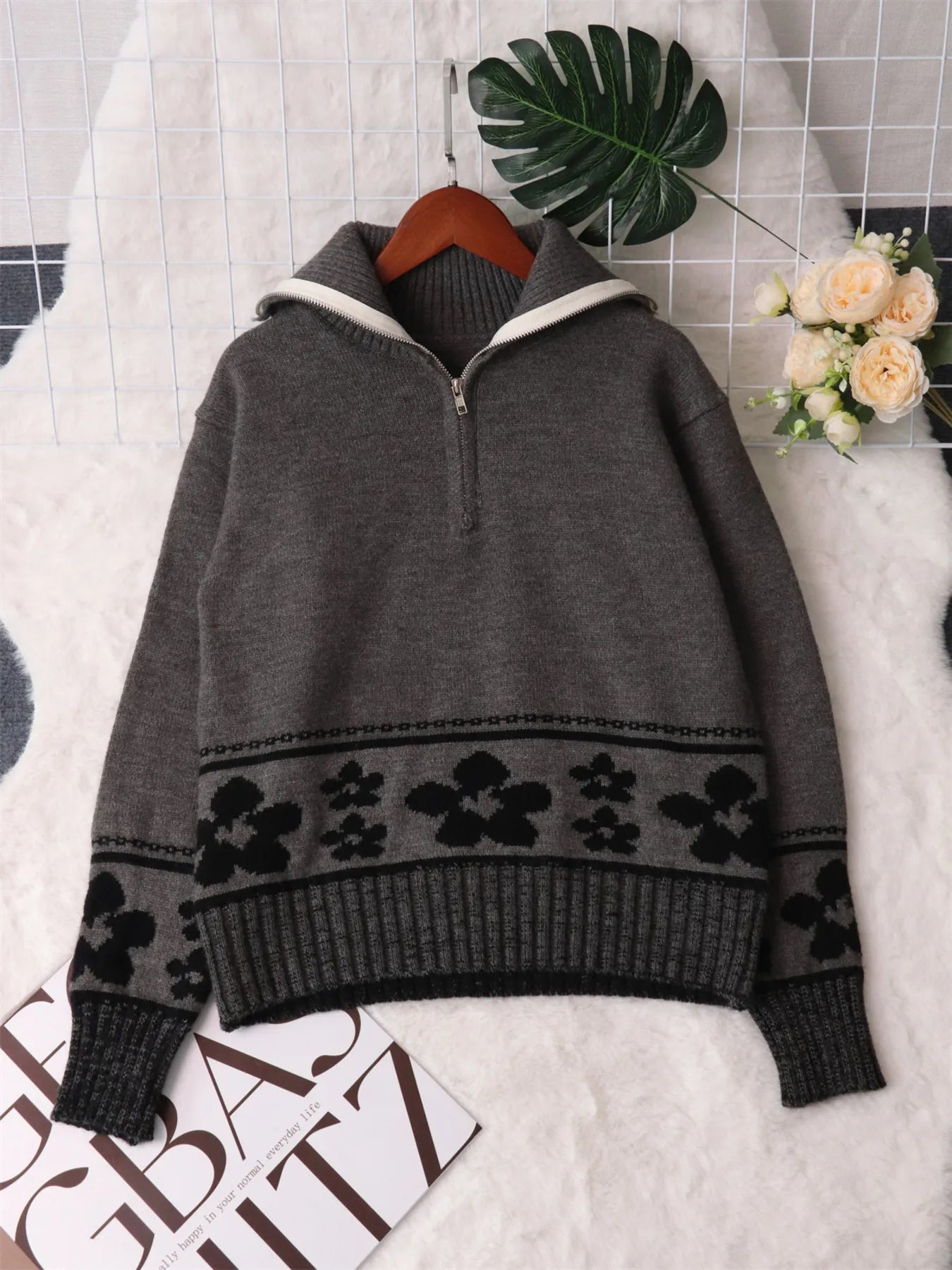 Women's Sweater Flower Hem Zip Collar Long Sleeve Stylish Pullover e9326532dca946a4864b02bb70e17e91-Max-Origin Trendsi