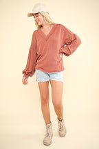 VERY J Women Blouse Two Tone Ribbed V-Neck Exposed Seam Top e939533d-fa63-47f5-ab88-c300f4605537-Max Trendsi
