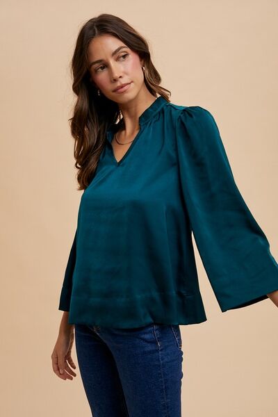 Annie Wear Satin Blouse V Neck Notched Long Sleeve Deep Teal e93a98aa-da05-4b99-ae6d-6b74e05bc69d-Min Trendsi