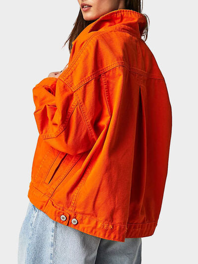 Denim Jacket Women's Orange Classic Long Sleeve Oversized Pocketed Outwear e93cd4c9-e807-4438-be08-329d0915279c-Min Trendsi