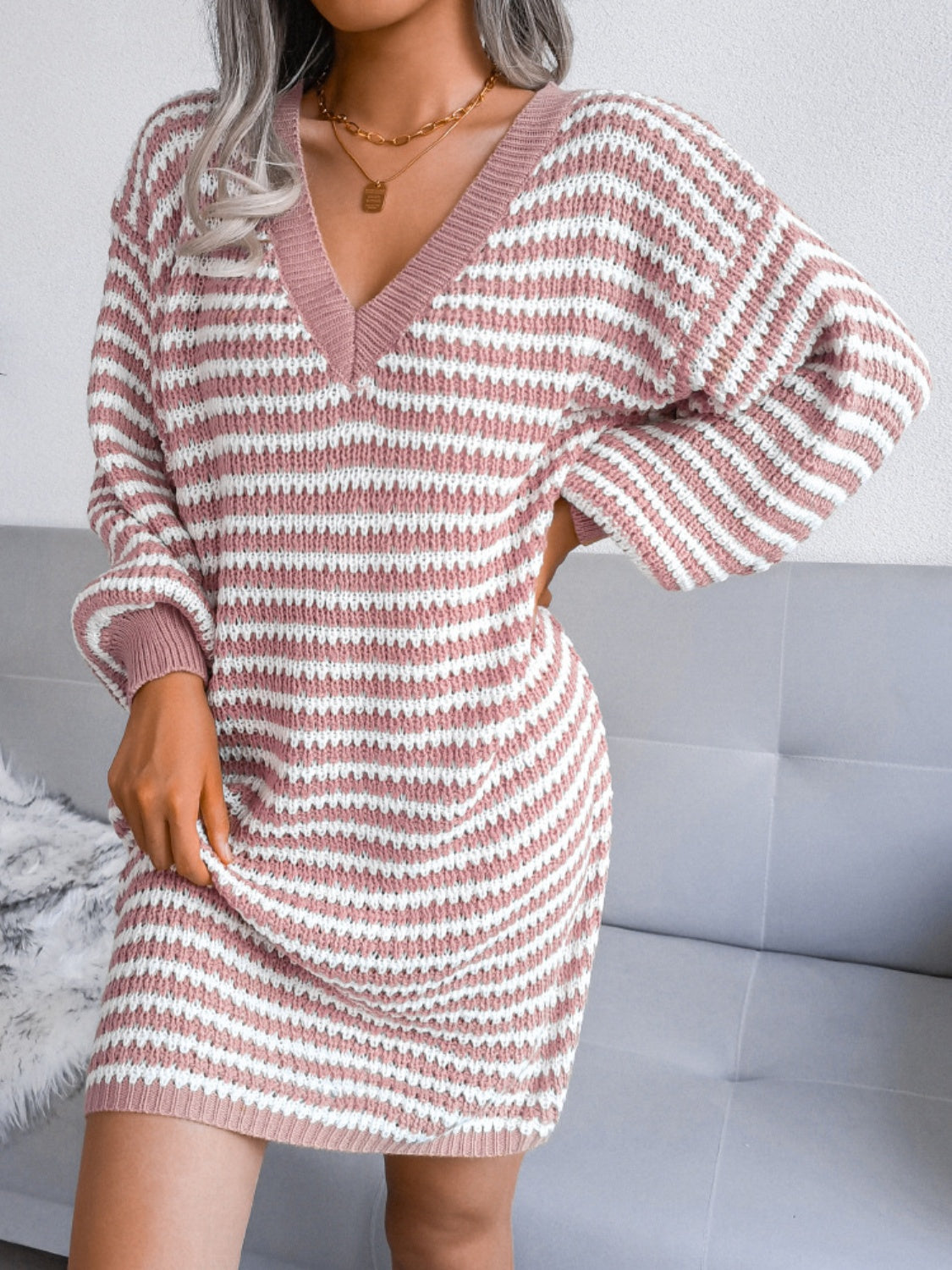 Sweater Dress Striped V-Neck Long Sleeve Mini Women Long Sleeve