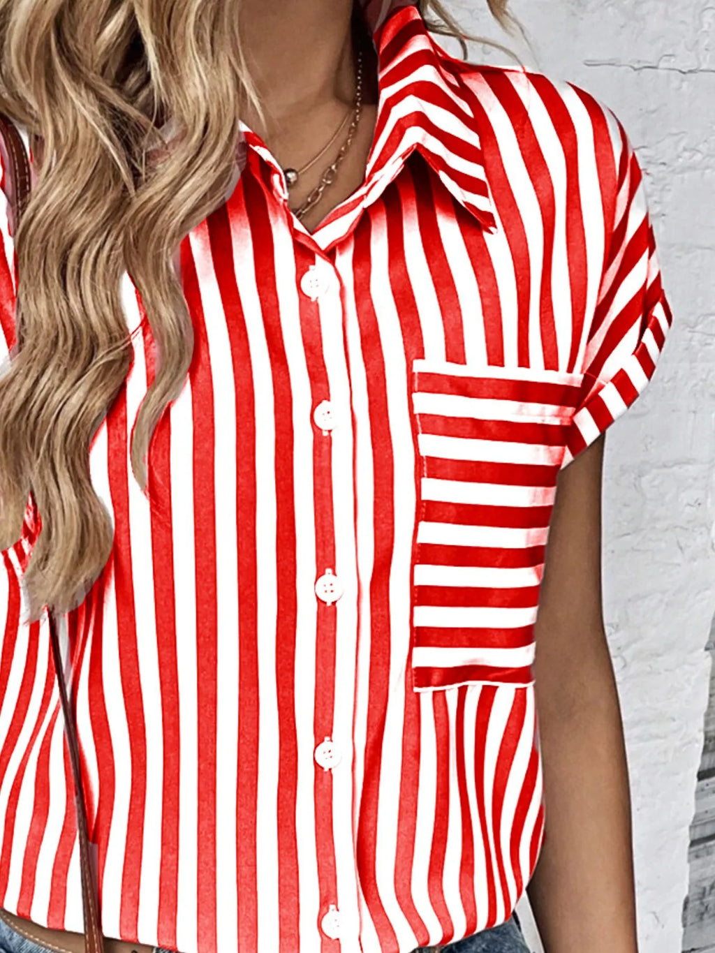 Women's Shirt Striped Short Sleeve Top with Pocket e9494468-b514-4f2c-a1e9-83bba79ff9f6-Max-Origin Trendsi