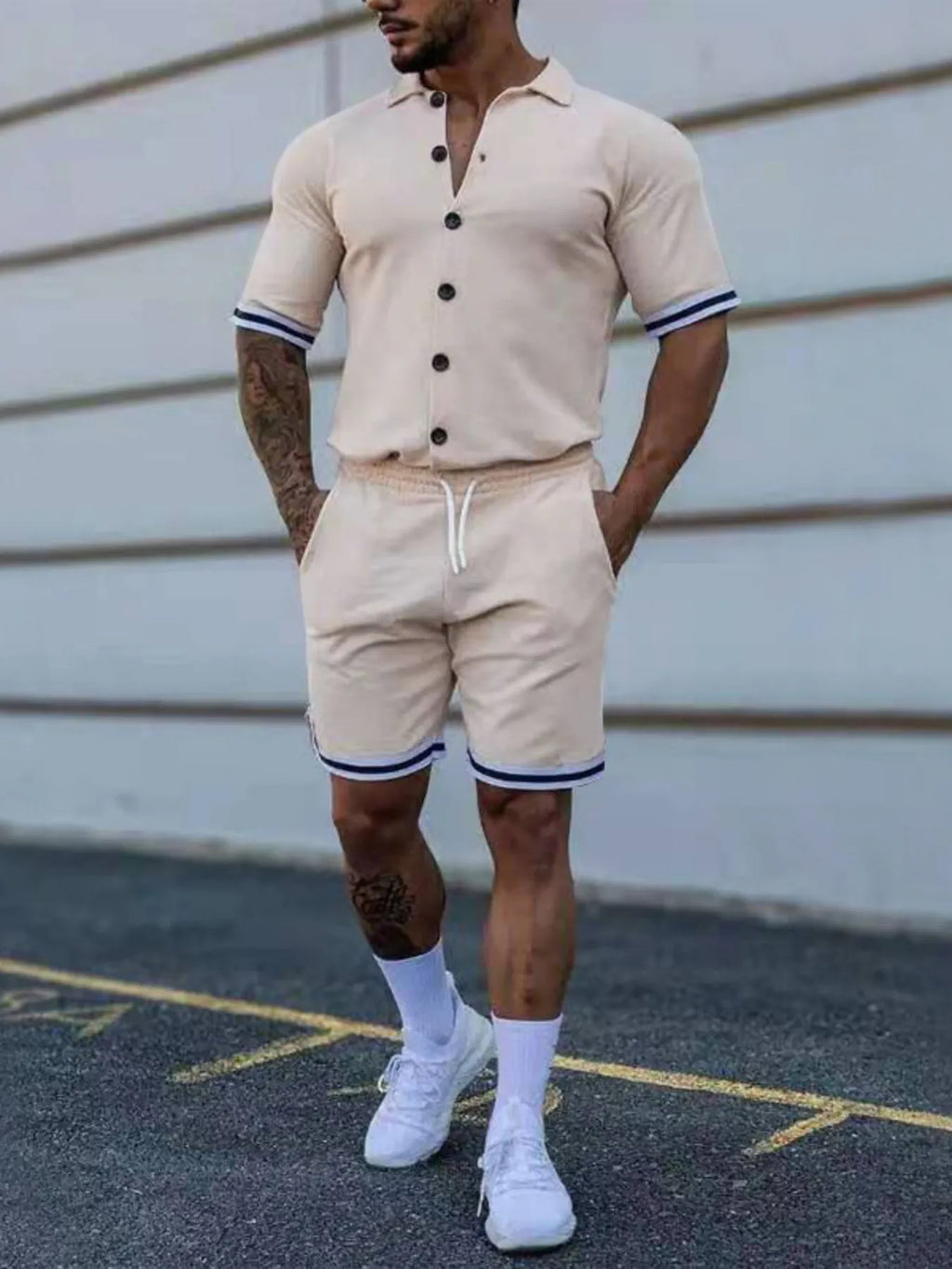 Men's Outfit Set Casual Striped Hem Button Up Short Sleeve Top and Shorts Khaki e95856598d3f4a93b5395e7fb49bab68-Max-Origin Trendsi