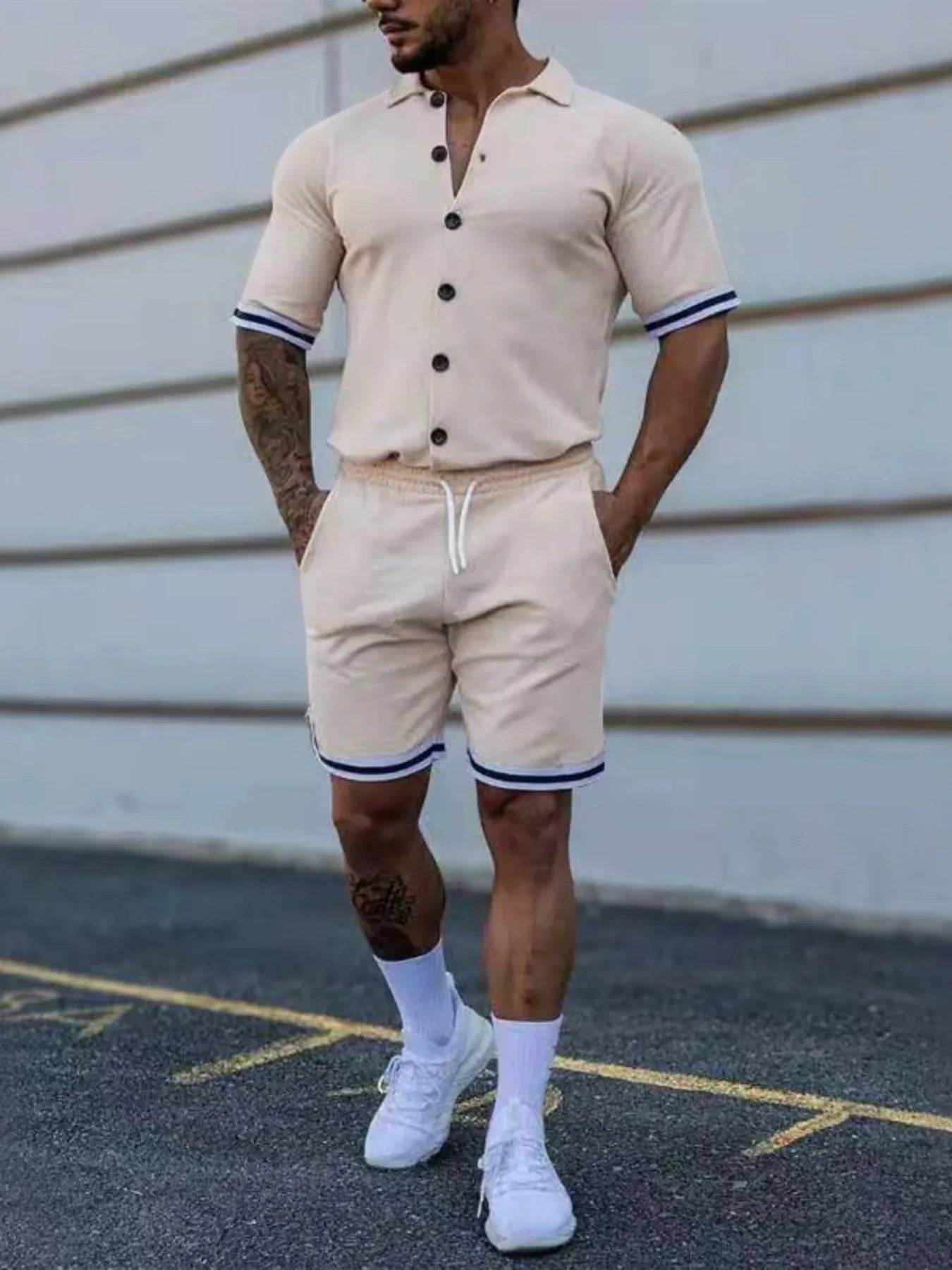 Men's Outfit Set Casual Striped Hem Button Up Short Sleeve Top and Shorts Khaki e95856598d3f4a93b5395e7fb49bab68-Max-Origin Trendsi
