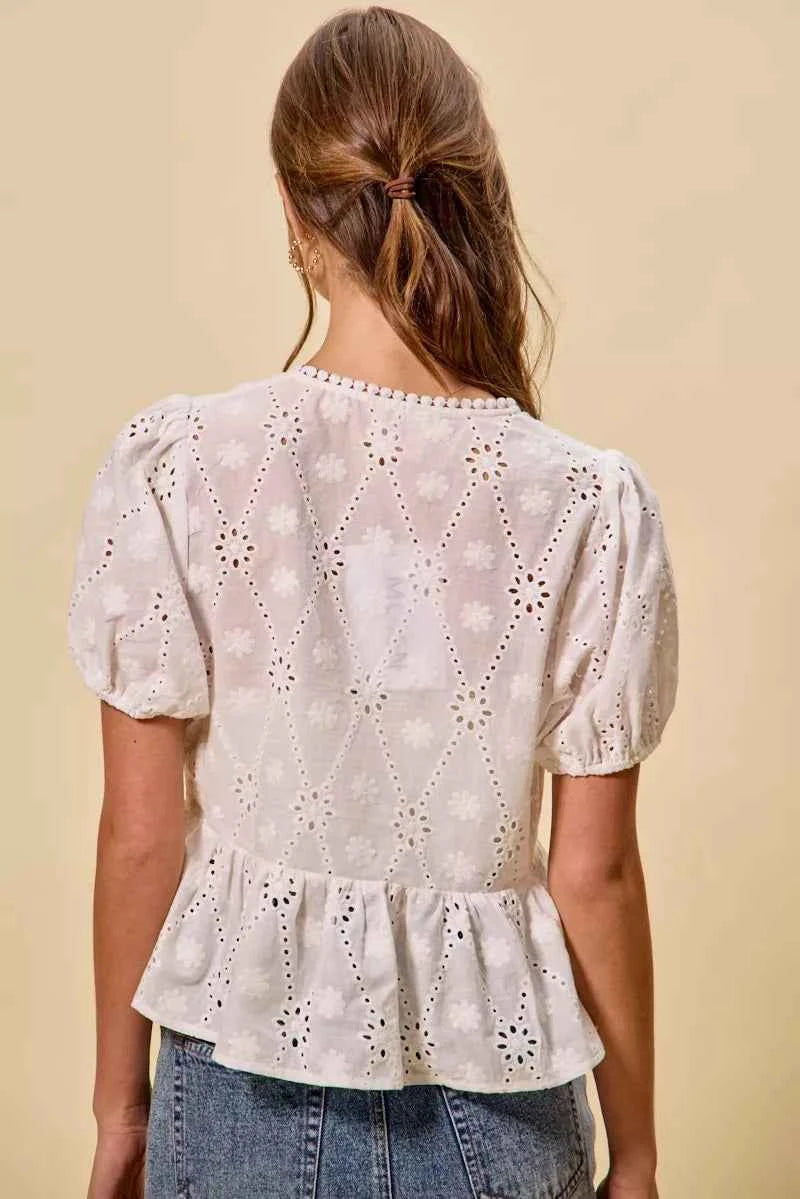 SO ME Cotton Eyelet Front Tie Short Sleeves Blouse