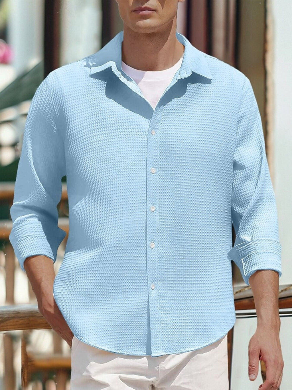 Men's Full-Size Waffle Knit Button-Up Shirt - Plus Sizes Available