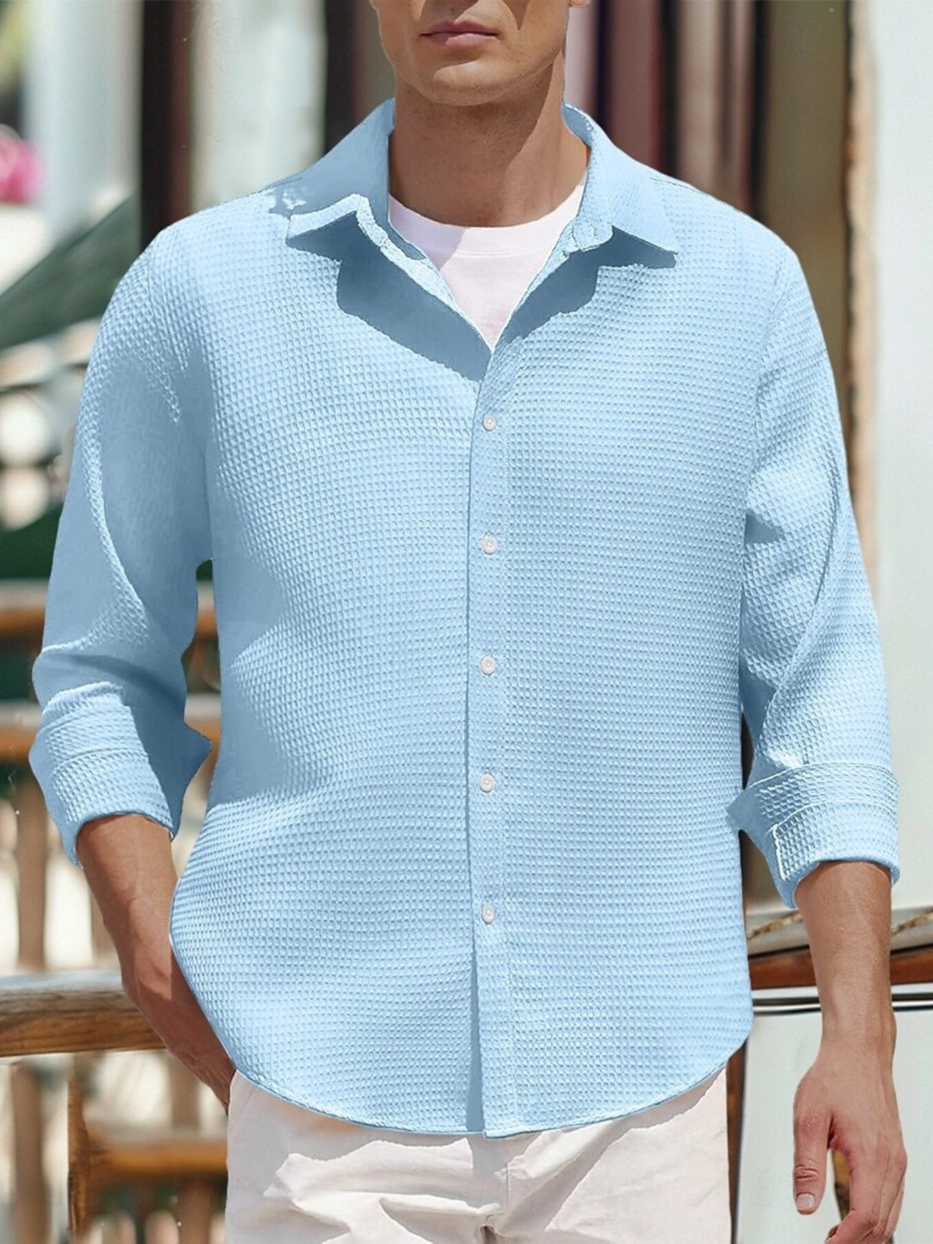 Men's Full-Size Waffle Knit Button-Up Shirt - Plus Sizes Available