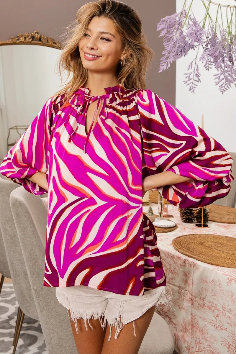 BiBi Satin Top Zebra Hot Pink Tied Neck Half Balloon Sleeve Oversized e967a331d58949d99e64ecf0f297a4c6-Max-Origin Trendsi