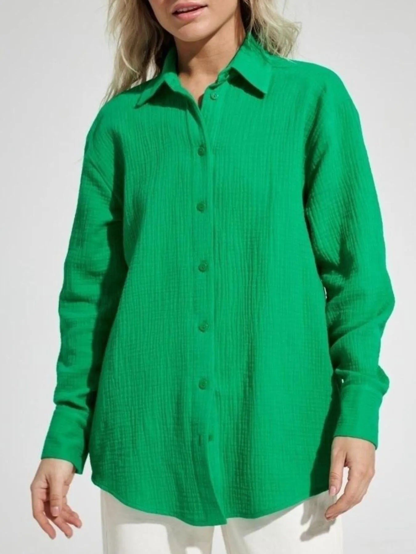 Women's Shirt Texture Oversized Button Up Long Sleeve Top Dark Green e96dad54-8733-468d-8155-ca371222dcec-Max-Origin Trendsi
