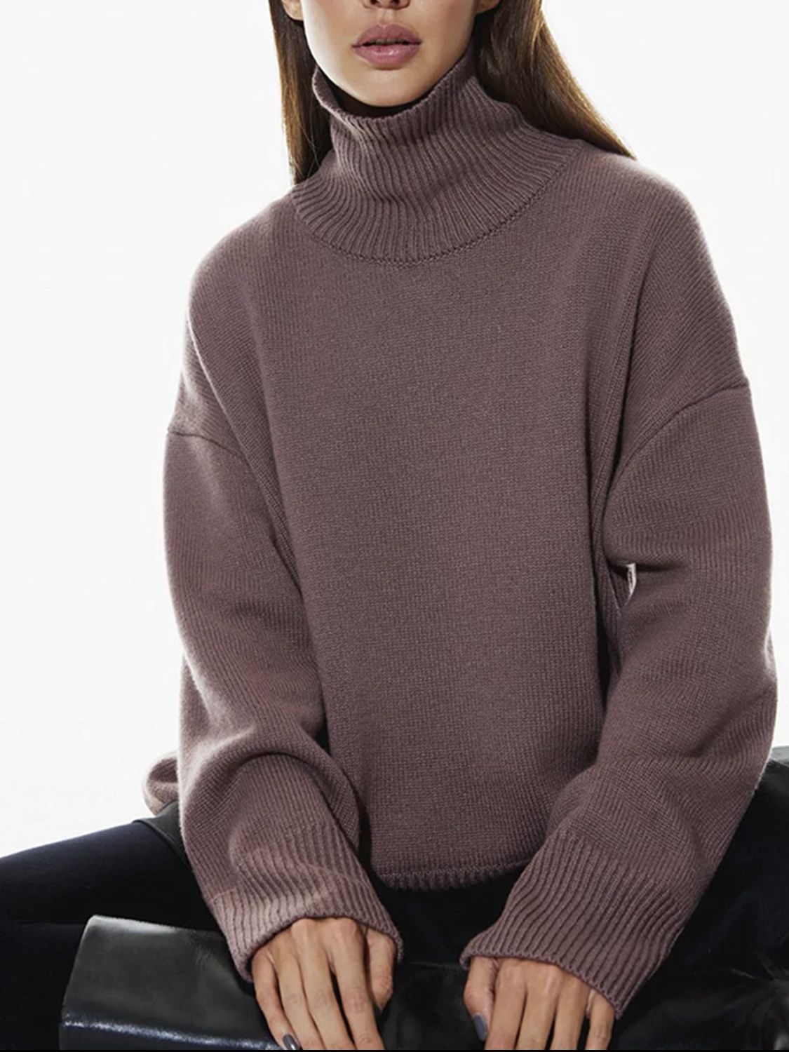 Ribbed Women Sweater Turtleneck Long Sleeve Soft Acrylic Loose Basic Pullover