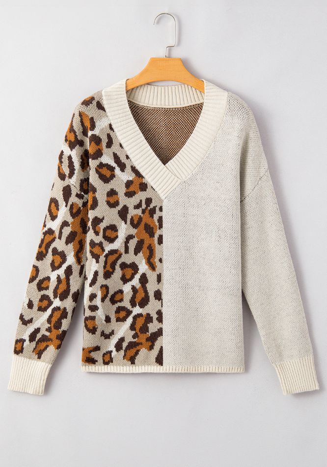 Women Sweater Half Leopard V Neck Long Sleeve Soft Knit Pullover e9752b70-79fd-4f00-87ca-65efa204382b-Max Trendsi