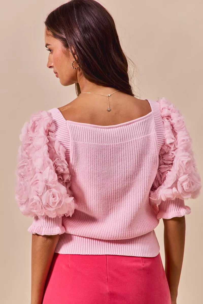 SO ME Rosette Sleeves Blouse Square Neck Sweater Knit Top Light Pink e976fca6-f136-431e-9379-64aeca607a02-Max-Origin Trendsi