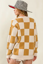 BiBi Cardigan Knit Ivory Camel Checked V-neck Long Sleeve Sweater e9795c6052bf49e69cccdd84a1b9ddf1-Max-Origin Trendsi