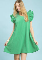 Umgee Shift Dress Green Seersucker Ruffle Short Sleeve Green e9797b05-ef47-4806-a5bb-297d07c127c1-Max-Origin Trendsi