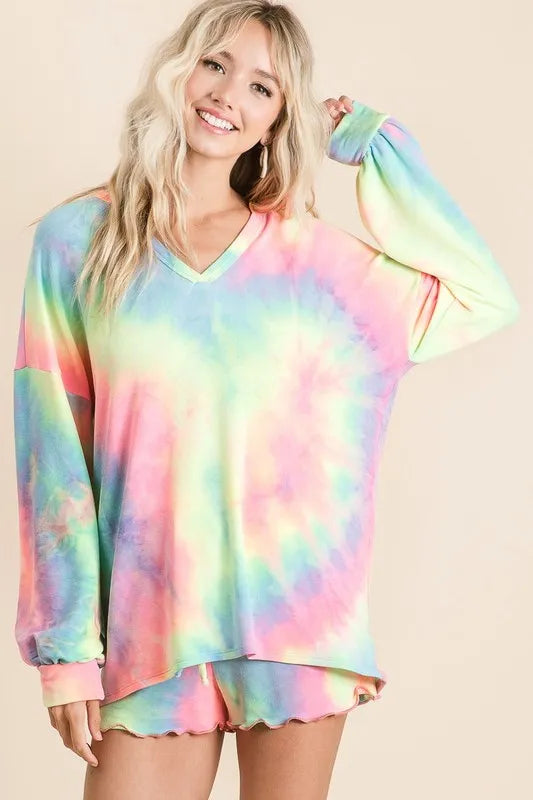 BiBi Womens Tie Dye French Terry Top With Balloon Long Sleeves Oversized PASTEL TIEDYE e97e5c885e1447a79e270ebbb8ac38e0-Max-Origin Trendsi