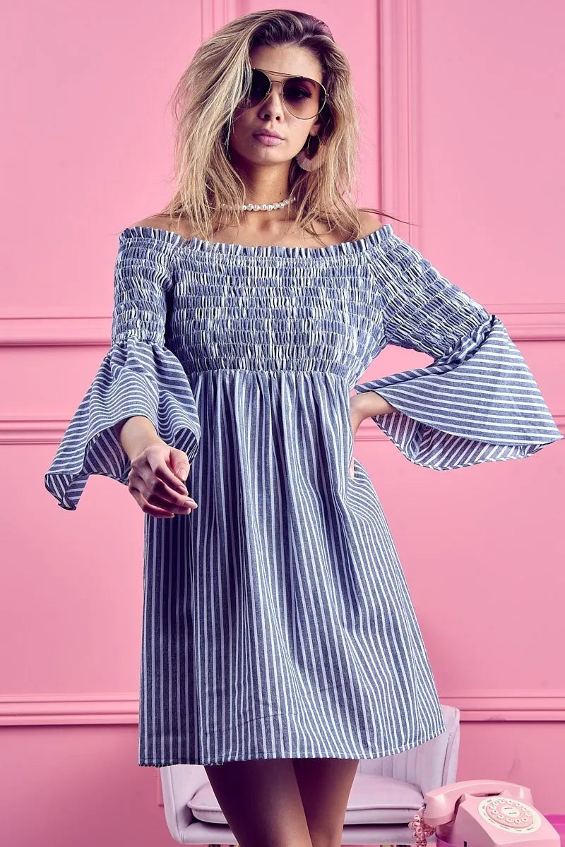 BiBi Short Dress Off Shoulder Denim Blue Striped Smocked Ruffled e97e8e33d6af4f13b71abb4c16379b10-Max-Origin Trendsi