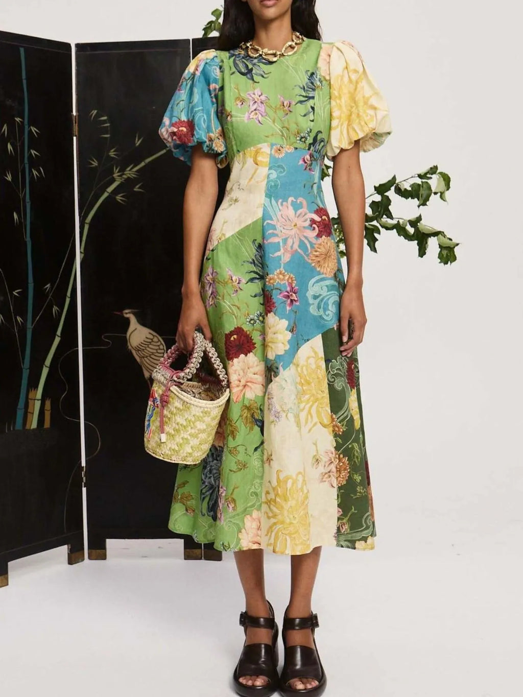 Midi Dress Colorful Floral Printed Round Neck Puff Short Sleeve Summer Dress e986639b-d5ec-4e7c-91fb-7e4ccfba4017-Max-Origin Trendsi