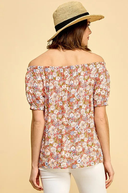 Lime 'N' Chili Blouse Off-The-Shoulder Coral Floral Print Short Sleeve e987a63ab60740eaa42e5388a124c7fa-Max-Origin Trendsi