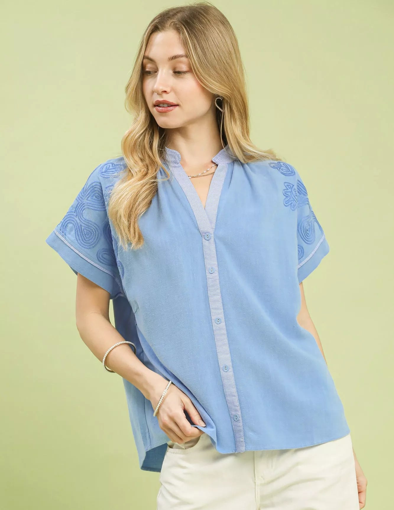 Umgee Blouse Embroidered Button Front Light Blue Short Sleeve Top PERIWINKLE e9911626-5fd2-457a-ac3e-513e80c8a6a6-Max-Origin Trendsi
