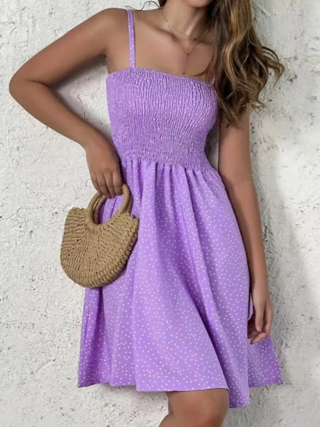 Mini Cami Dress Swiss Dot Smocked Square Neck with Thin Straps Violet e99258b015f448f08fe8b357bf3557e0-Max-Origin Trendsi