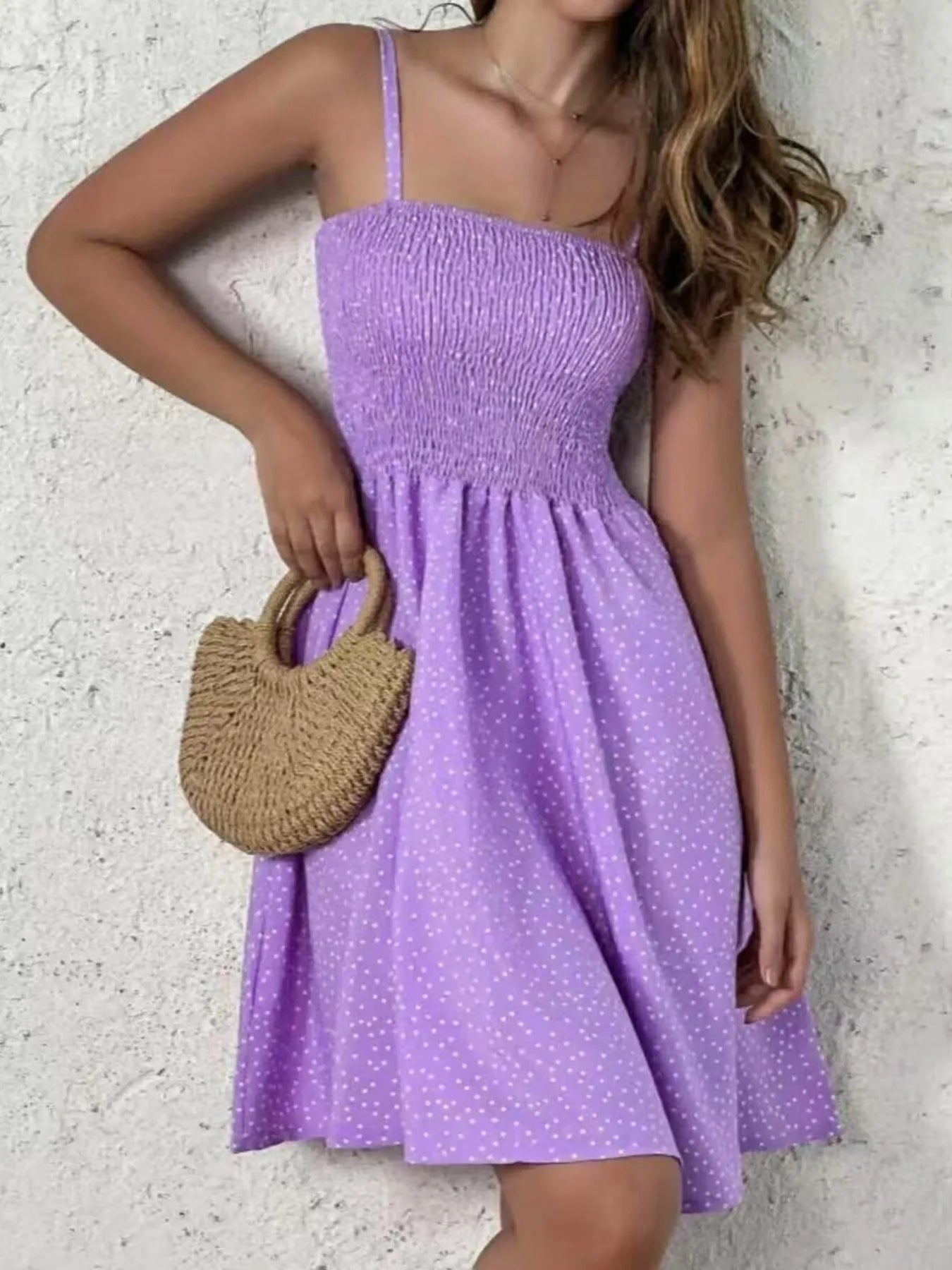 Mini Cami Dress Swiss Dot Smocked Square Neck with Thin Straps Violet e99258b015f448f08fe8b357bf3557e0-Max-Origin Trendsi