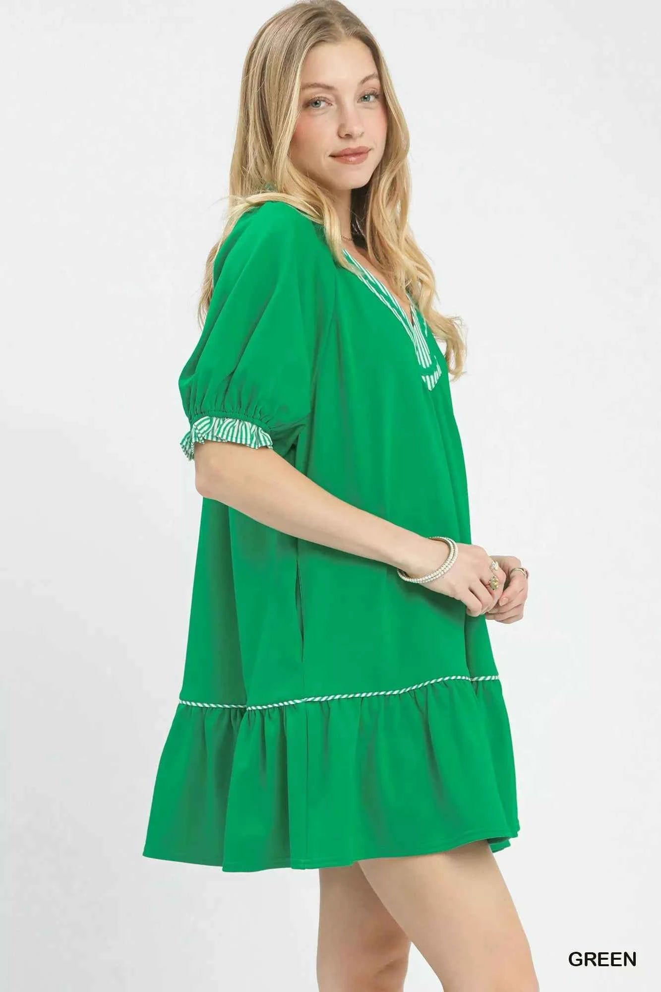 Umgee Mini Dress Green French Terry with Ruffled Striped Trim Short Sleeve e993f4df-46d9-4a89-98df-1aefdb48a9b0-Max-Origin Trendsi