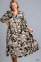Umgee Midi Dress Black Floral Print Tiered Collared 3/4 Sleeve Ruffled Black e9941ac1-d0f0-40eb-9110-4222c9aa0bd7-Max-Origin Trendsi