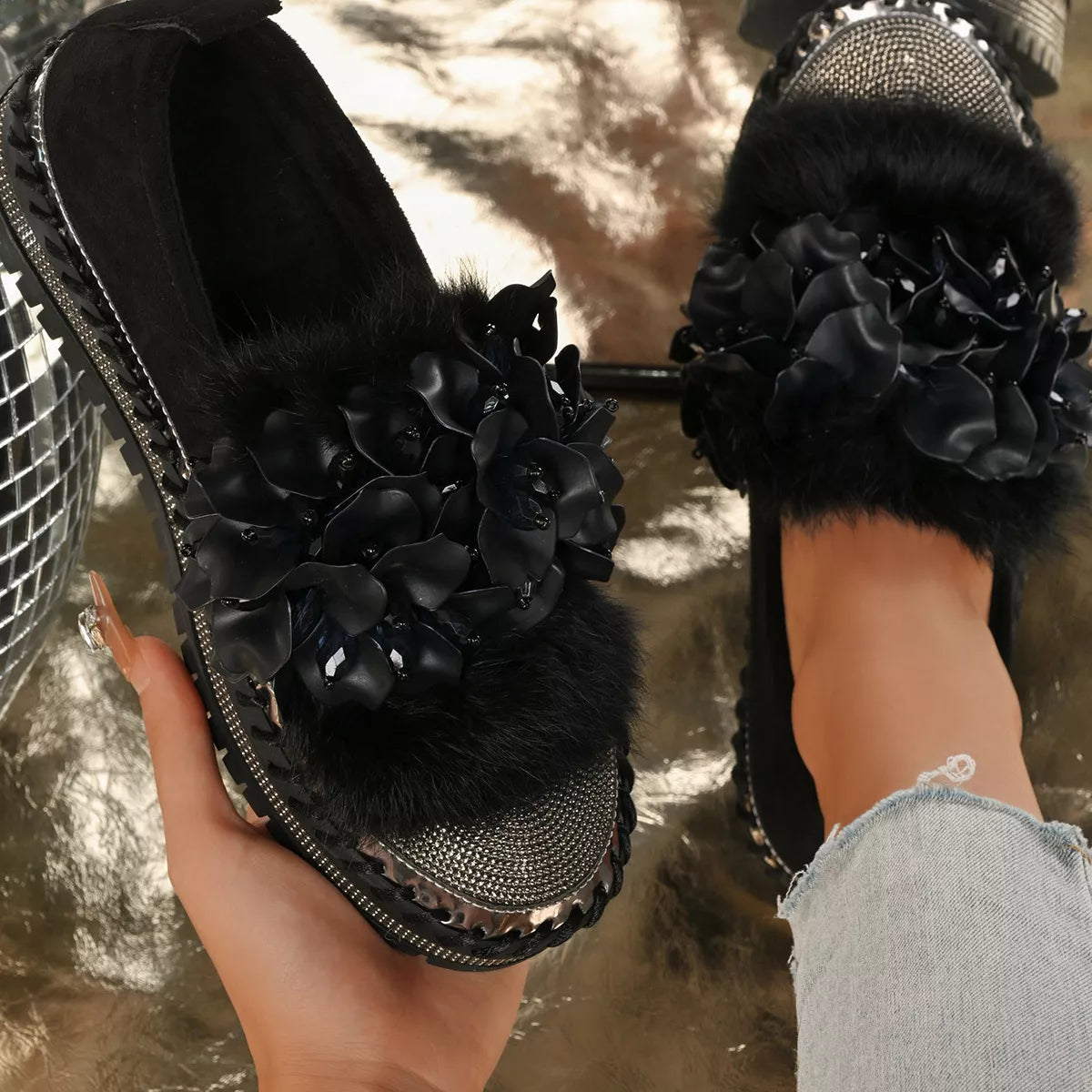 Fur-Trimmed Rhinestone Loafers e9997fe0649d4aef9e6b2836a22d523b-Max-Origin Trendsi