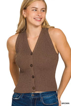 Zenana Sweater Vest Brown V Neck Buttoned Ribbed Sleeveless Knit Top e9a634599c9d405cbbd95fb5ea427754-Max-Origin Trendsi