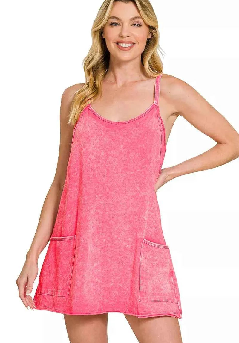 Zenana Cami Mini Dress Fuchsia Acid Washed Mini Dress With Built-in Romper Liner FUCHSIA e9a634a605804a3f8921ed128200f7ea-Max-Origin Trendsi