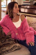 SO ME Womens Cardigan Pink Soft Touch Hairy Loose Fit Cozy Sweater e9a8171dea054640a413b68f2430c010-Max-Origin Trendsi