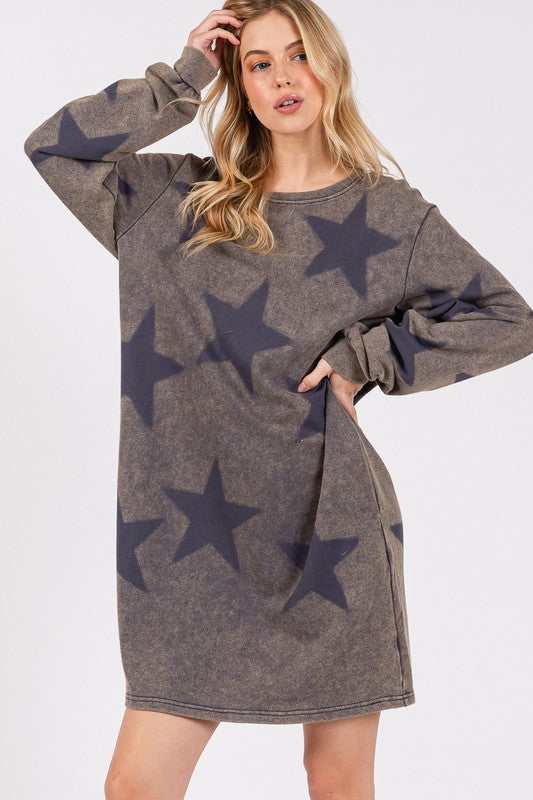 SAGE+FIG USA Dress Washed Star Print 100% cotton Round Neck Long Sleeve Dark Gray e9b5f4ba-0990-417f-93f6-a18d229b7da0-Max Trendsi