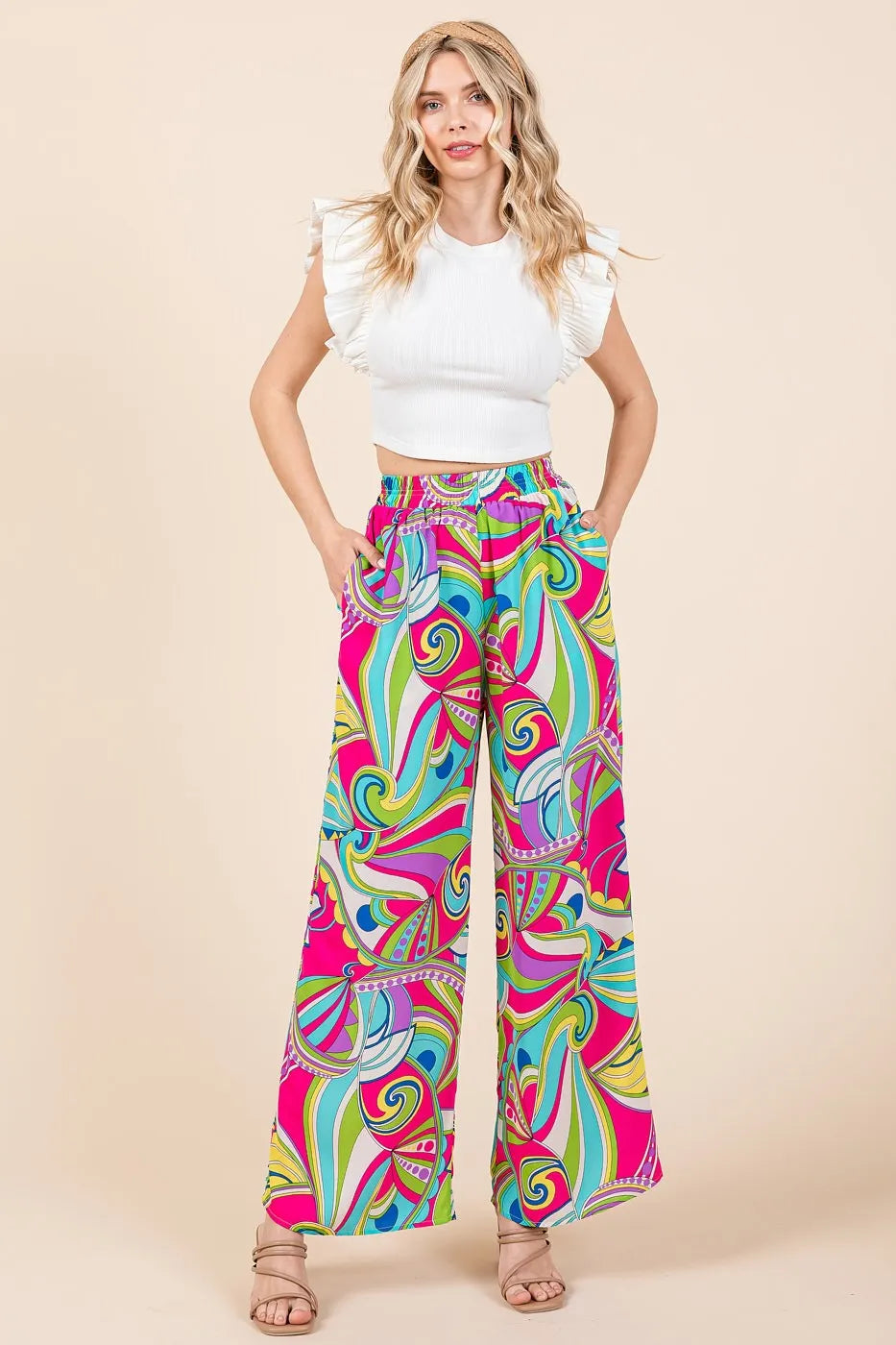 Mittoshop Wide Leg Pants Colorful Fuchsia Abstract Print Elastic Waist