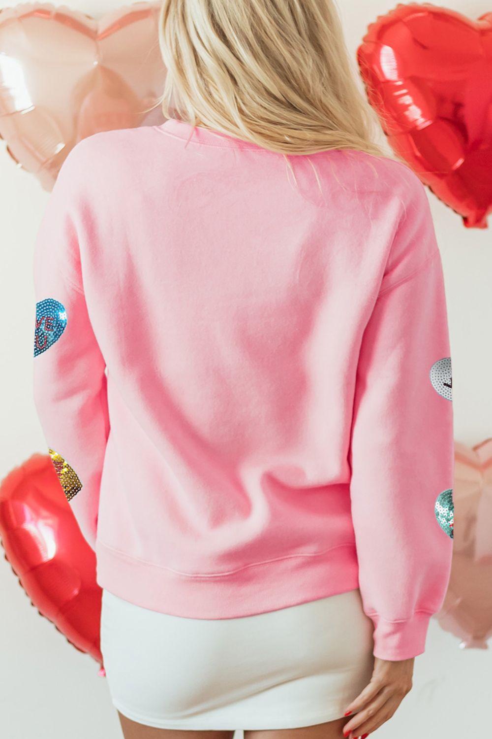 Valentine’s Day Sweatshirt Pink Sequin Heart Round Neck Long Sleeve Top