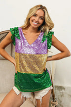 BiBi Womens Blouse Mardi Gras Sequin Color Block Ruffled Top Short Sleeve e9cb5e1980684db0a0169626510dca80-Max-Origin Trendsi