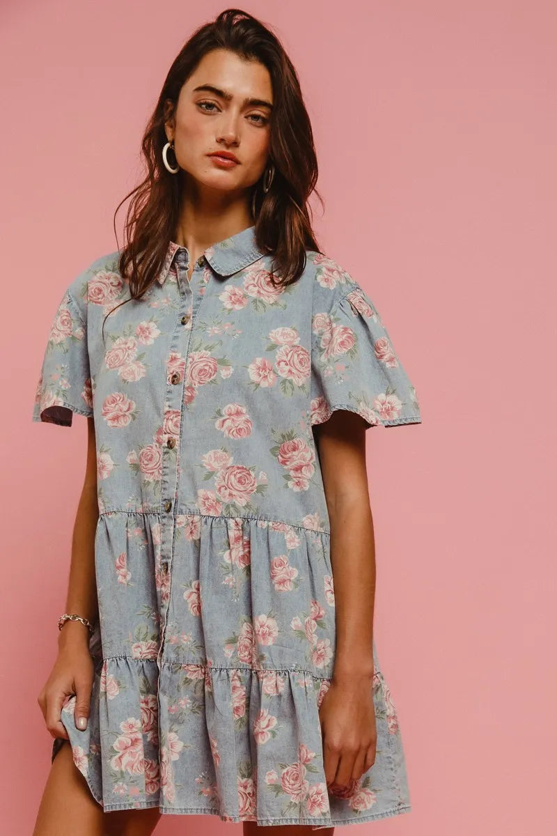 BiBi Shirt Dress Ruffle Light Denim Floral Print Washed Lightweight Tiered e9cf289e150b4ef8a5a95870f8f7a12d-Max-Origin Trendsi